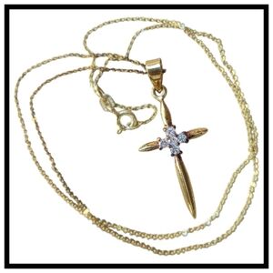 925 Sterling Silver Gold Tone  Cz Cross Pendant Necklace